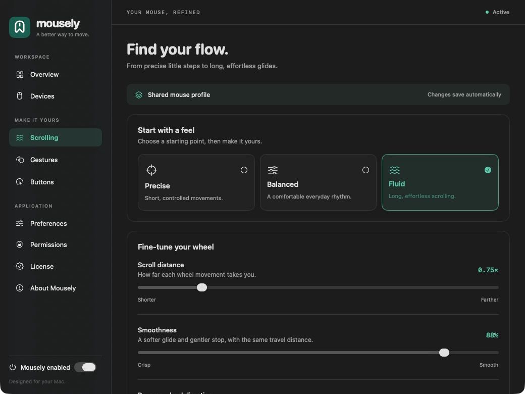 Actual Mousely screenshot: Scrolling settings, profiles, distance and smoothness.